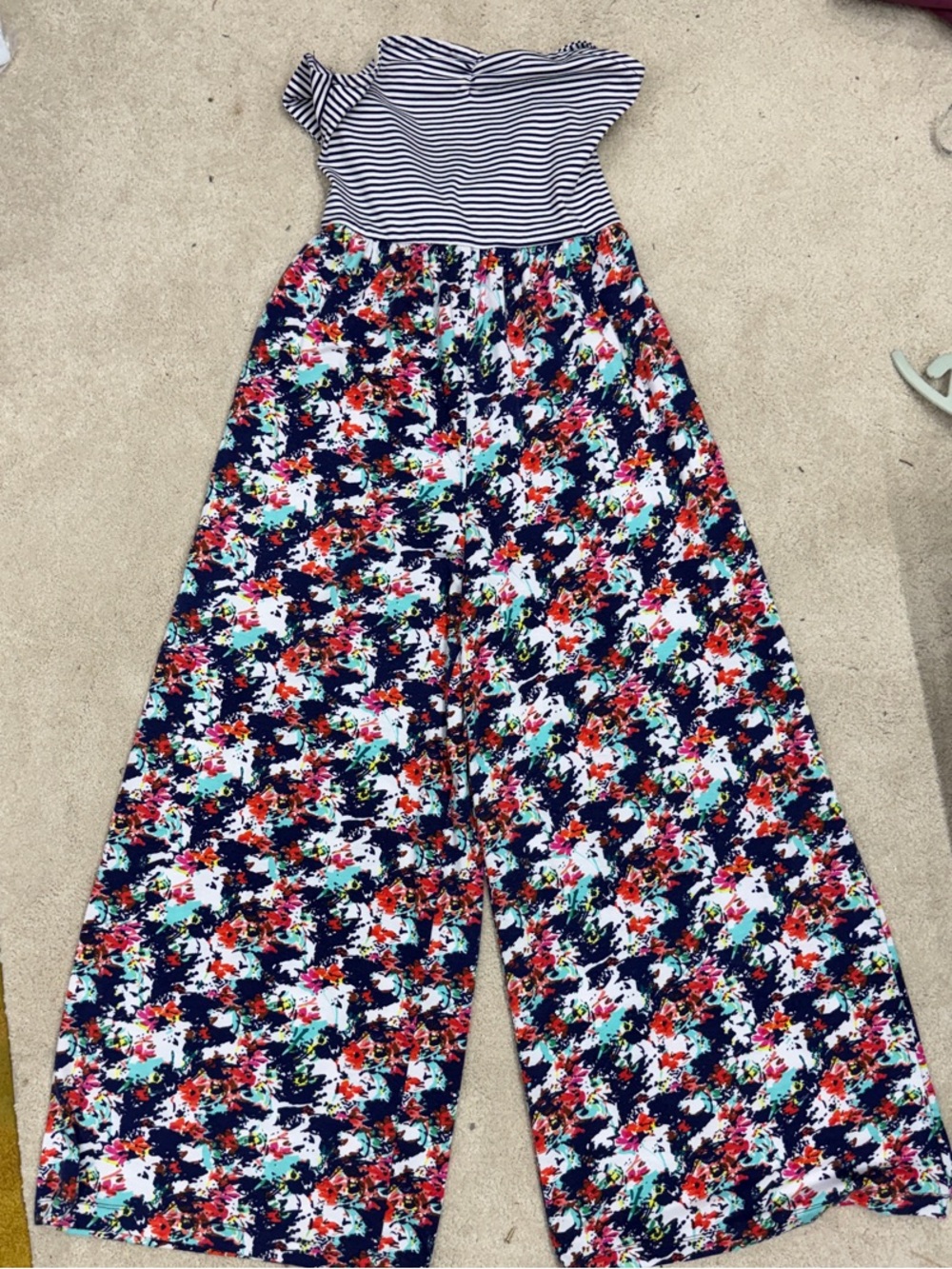 Xhilaration Striped Top Wide-Leg Floral Jumpsuit - Navy/Multi - Medium